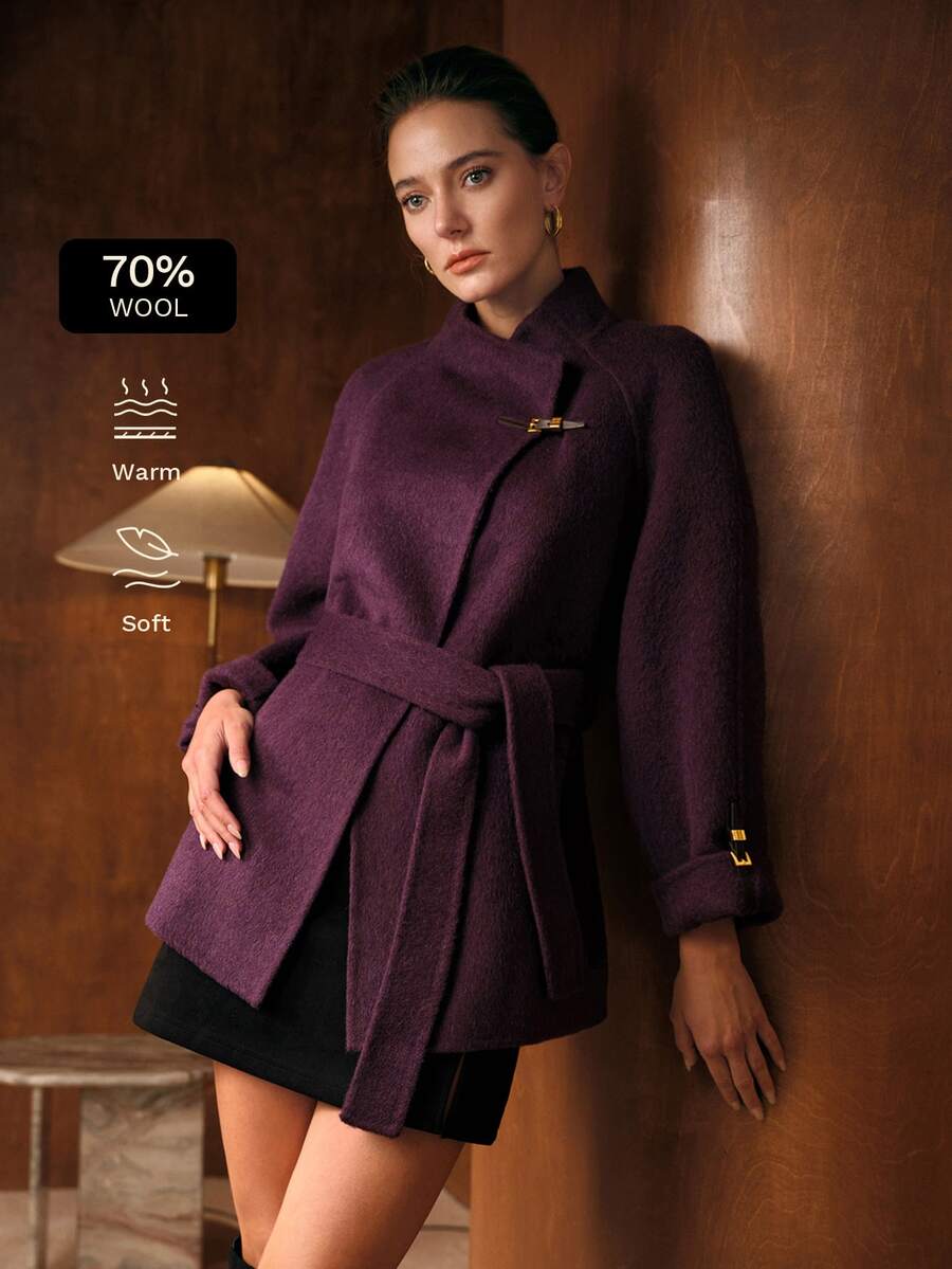 MOTF PREMIUM WOMEN'S FASHION MINIMALIST STAND COLLAR DOUBLE-FACED WOOL COAT, NEW AUTUMN/WINTER - Purple - View 2
