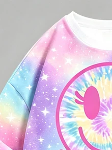 女童大童圓領運動衫與緊身褲套裝，夢幻漸層星空滿版印花搭配俏皮眨眼笑臉圖案，寬鬆落肩圓領運動衫配高彈力緊身長褲，柔軟親膚面料，清新活力配色，休閒時尚，適合女童大童日常出遊、購物、玩耍等多種場合，活力女孩風兩件套上衣 - 彩色 - 查看 3