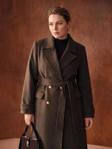 MOTF PREMIUM PLUS SIZE AUTUMN/WINTER WOOL LONG BELTED OVERCOAT - Brown - View 5