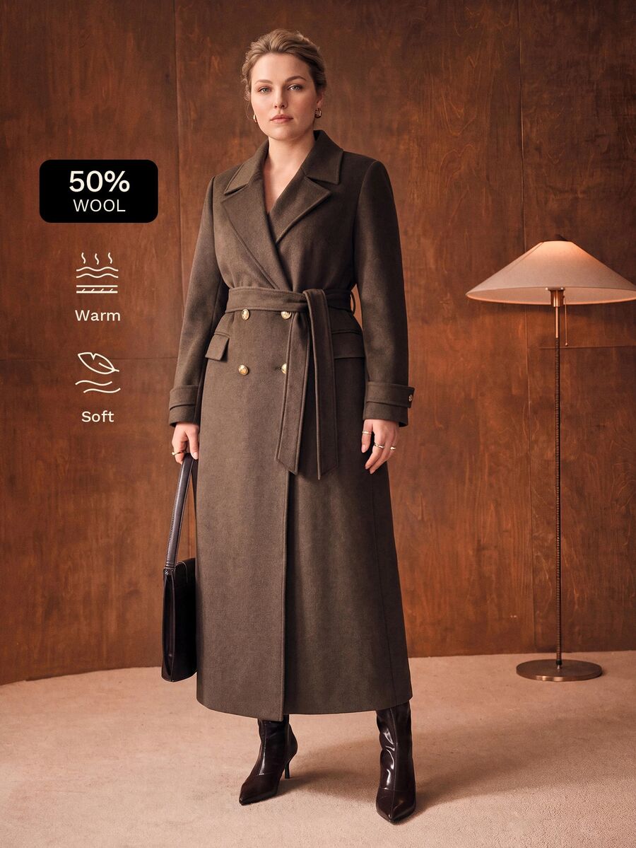 MOTF PREMIUM PLUS SIZE AUTUMN/WINTER WOOL LONG BELTED OVERCOAT - Brown - View 1