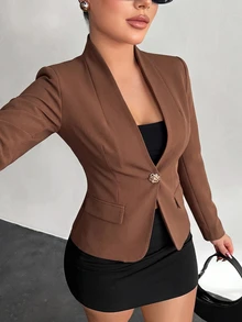 Vavine Elegant Metal Decor Brown Blazer Jacket For Women, Autumn/Winter - Brown - View 4
