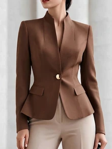 Vavine Elegant Metal Decor Brown Blazer Jacket For Women, Autumn/Winter - Brown - View 1