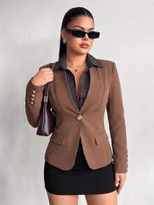Vavine Elegant Metal Decor Brown Blazer Jacket For Women, Autumn/Winter - Brown - View 6
