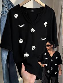 Comfortcana Plus-Size Black Loose-Fit T-Shirt With Halloween Skull Embroidery - Black - View 2