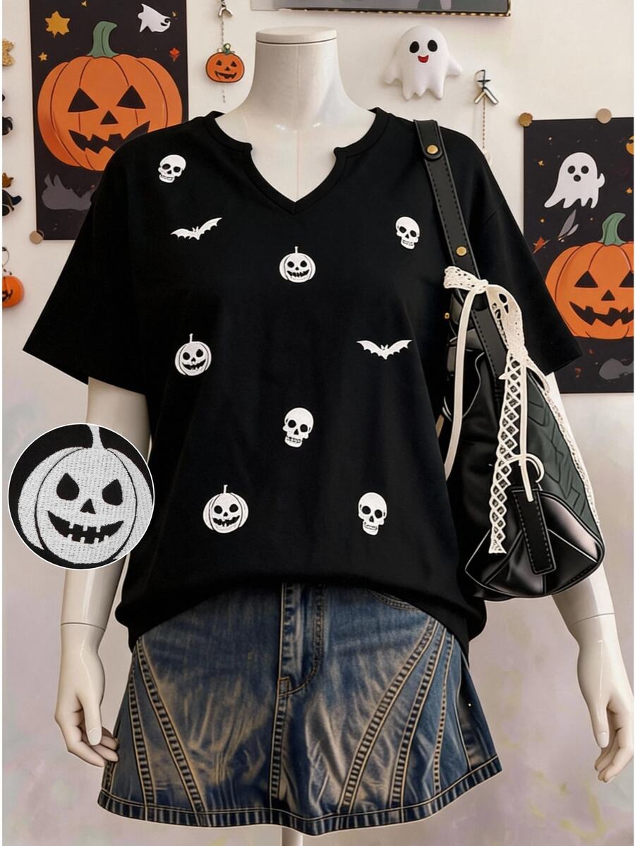 Comfortcana Plus-Size Black Loose-Fit T-Shirt With Halloween Skull Embroidery - Black - View 1