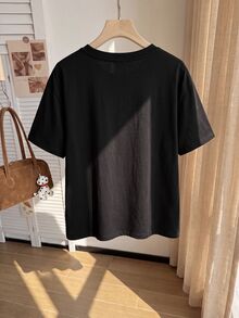 Comfortcana Plus-Size Black Loose-Fit T-Shirt With Halloween Skull Embroidery - Black - View 6