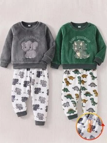 2件組小男孩睡衣，大象刺繡，保暖柔軟親膚抓絨長袖褲家居服套裝 - 灰色 - 查看 8