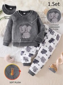 2件組小男孩睡衣，大象刺繡，保暖柔軟親膚抓絨長袖褲家居服套裝 - 灰色 - 查看 6