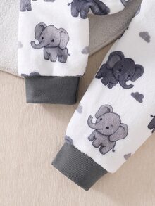 2件組小男孩睡衣，大象刺繡，保暖柔軟親膚抓絨長袖褲家居服套裝 - 灰色 - 查看 7