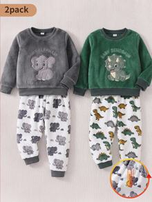 2件組小男孩睡衣，大象刺繡，保暖柔軟親膚抓絨長袖褲家居服套裝 - 灰色 - 查看 1