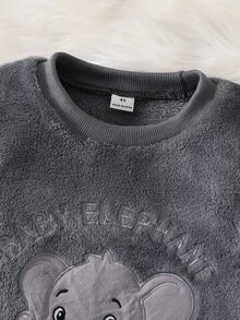 2件組小男孩睡衣，大象刺繡，保暖柔軟親膚抓絨長袖褲家居服套裝 - 灰色 - 查看 3