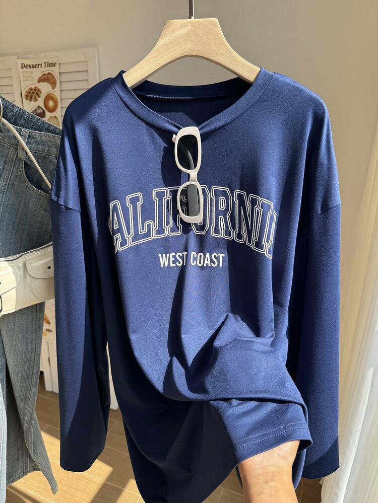 Comfortcana Plus Letter Graphic Drop Shoulder Tee California Plus Size T-Shirt - Navy Blue - View 8