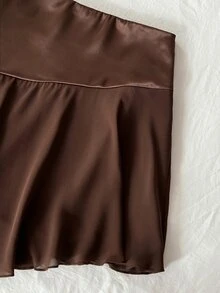 SHEIN EZwear Premium Maillard Sexy Style Sexy Asymmetrical Patchwork Satin Ribbon Skirt - Coffee Brown - View 3