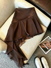 SHEIN EZwear Premium Maillard Sexy Style Sexy Asymmetrical Patchwork Satin Ribbon Skirt - Coffee Brown - View 1