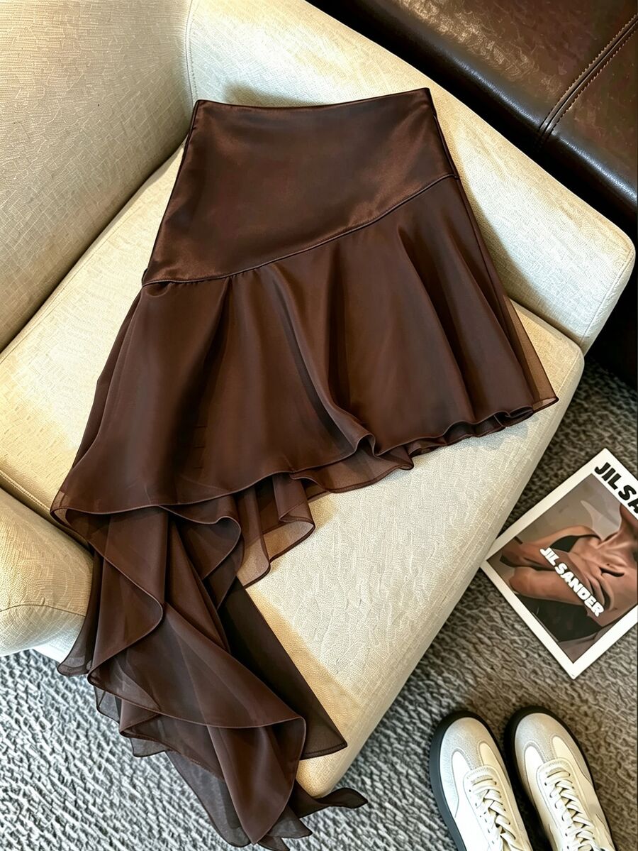 SHEIN EZwear Premium Maillard Sexy Style Sexy Asymmetrical Patchwork Satin Ribbon Skirt - Coffee Brown - View 1