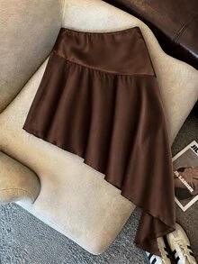 SHEIN EZwear Premium Maillard Sexy Style Sexy Asymmetrical Patchwork Satin Ribbon Skirt - Coffee Brown - View 2