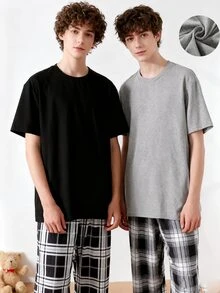 Genkimix Kids 4件組青少年男童睡衣套裝，黑色與麻灰格紋短袖上衣與長褲，純白冬季家庭款柔軟彈性針織睡衣 - 彩色 - 查看 3