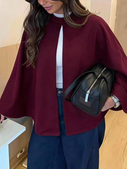 Aloruh Women's Elegant Commuter Minimalist Casual Burgundy Cape Shawl Jacket Old Money Style Autumn/Winter,Teacher,Cozy,Smart Casual,Retro,Office,Going Out
