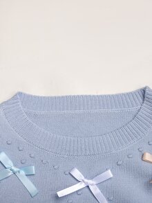SHEIN 青少年女孩冬季針織童裝兩件套，可愛3D蝴蝶結毛衣搭配百褶秋季裙，甜美優雅 - 藍色 - 查看 4
