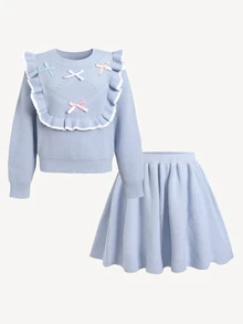 SHEIN 青少年女孩冬季針織童裝兩件套，可愛3D蝴蝶結毛衣搭配百褶秋季裙，甜美優雅 - 藍色 - 查看 5