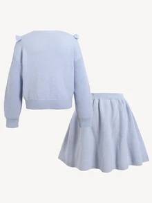 SHEIN 青少年女孩冬季針織童裝兩件套，可愛3D蝴蝶結毛衣搭配百褶秋季裙，甜美優雅 - 藍色 - 查看 2