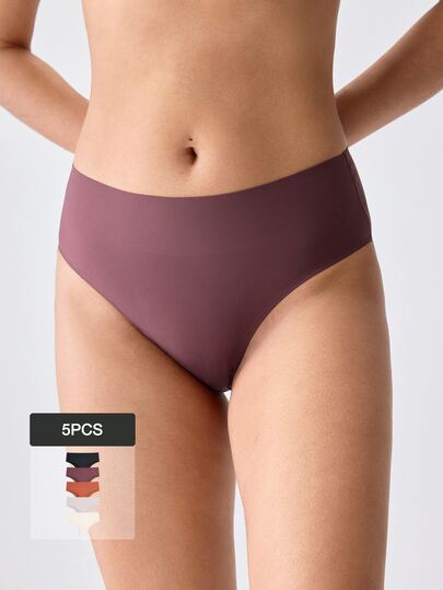 Loungeista 5pcs Women's Solid Color Seamless High Waist Casual Minimalist Panties With Wide Waistband