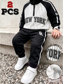 小男孩 NEW YORK 字母圖案條紋四分之一拉鍊運動衫與運動長褲套裝 - 彩色 - 查看 1