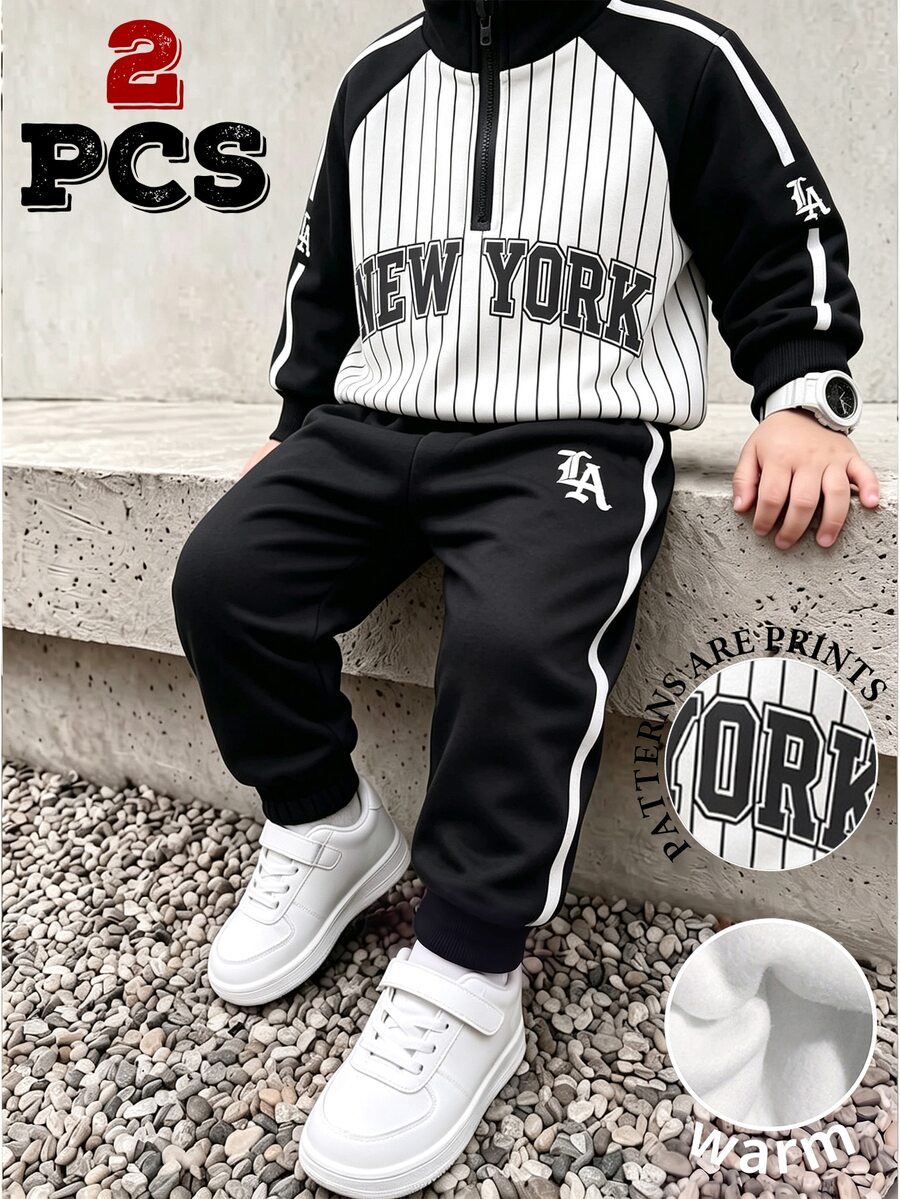 小男孩 NEW YORK 字母圖案條紋四分之一拉鍊運動衫與運動長褲套裝 - 彩色 - 查看 1