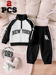 小男孩 NEW YORK 字母圖案條紋四分之一拉鍊運動衫與運動長褲套裝 - 彩色 - 查看 3