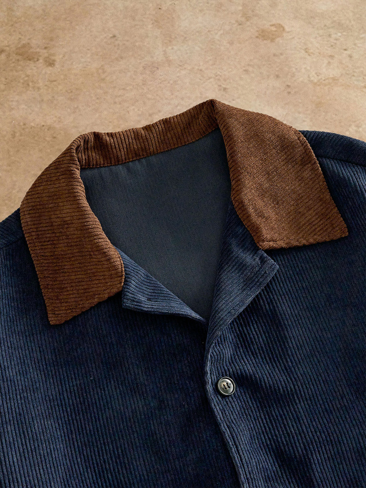 HIMLAND Men's Autumn Casual Colorblock Collar Corduroy Jacket Halloween Winter Party Autumn - Navy Blue - View 4