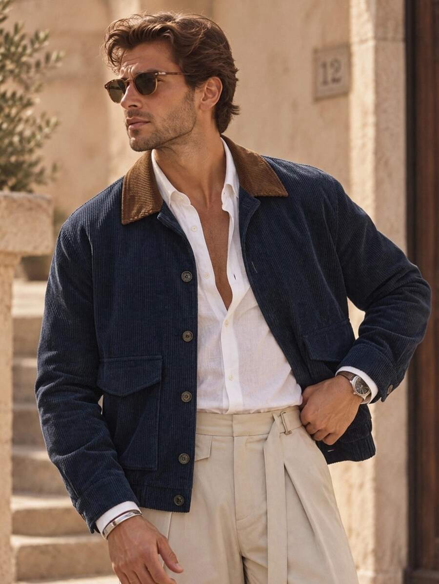 HIMLAND Men's Autumn Casual Colorblock Collar Corduroy Jacket Halloween Winter Party Autumn - Navy Blue - View 1