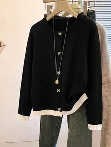 GlowEve CURVE Plus Size Women's Bow Button Cardigan Sweater,Knit Top Fall Winter 2026 Women Fall Winter Sweater - Black and White - View 3