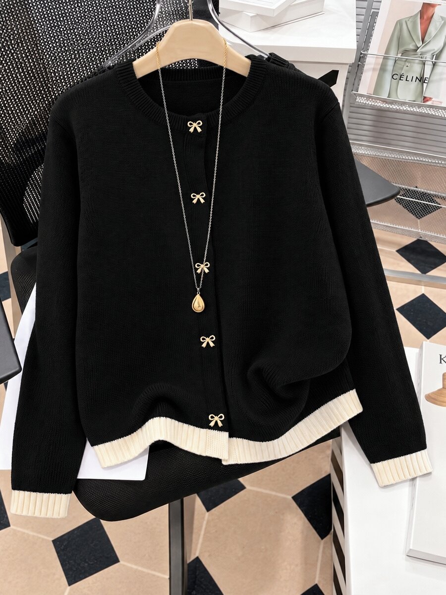 GlowEve CURVE Plus Size Women's Bow Button Cardigan Sweater,Knit Top Fall Winter 2026 Women Fall Winter Sweater - Black and White - View 1