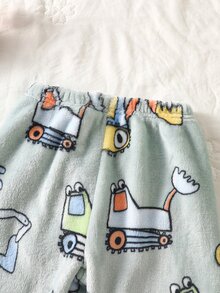 2pcs/Set Boys Knit Round Neck Bean Green Flannel Fabric Cartoon Funny Excavator Print Simple Casual Comfortable Soft Home Wear Winter - Green - View 8
