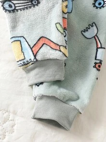 2pcs/Set Boys Knit Round Neck Bean Green Flannel Fabric Cartoon Funny Excavator Print Simple Casual Comfortable Soft Home Wear Winter - Green - View 4