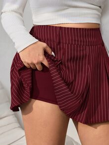 SHEIN EZwear 酒紅色休閒性感條紋迷你百褶裙 大尺碼，適合校園季秋季穿著 - 酒紅色 - 查看 6