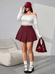 SHEIN EZwear 酒紅色休閒性感條紋迷你百褶裙 大尺碼，適合校園季秋季穿著 - 酒紅色 - 查看 4