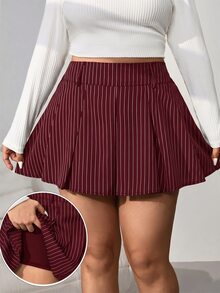 SHEIN EZwear 酒紅色休閒性感條紋迷你百褶裙 大尺碼，適合校園季秋季穿著 - 酒紅色 - 查看 5