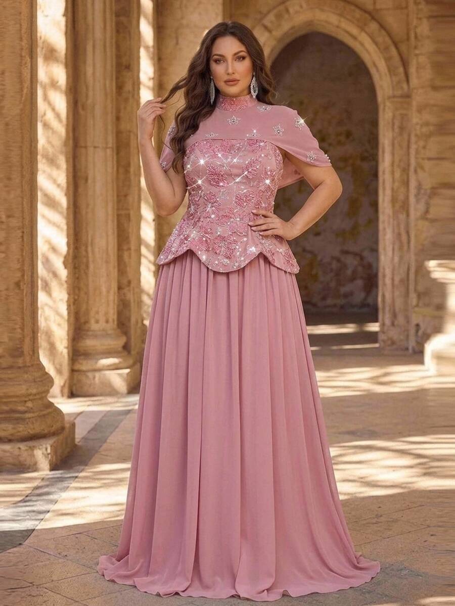 Glamrae Plus Size Elegant Glamorous Romantic Light Pink Shawl Sequins Sequin 3D Floral Ruched A-Line Dress Suitable For Evening Party Date Ball Vacation Wedding Event Heavy Embellished Evening Gown - Pink - View 1