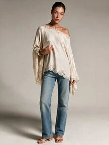 COSMINA Women's Casual Basic Satin Lace Trim Top - Apricot - View 4