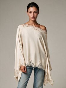 COSMINA Women's Casual Basic Satin Lace Trim Top - Apricot - View 3