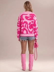 Avantive Casual Y2k Sexy Colorblock Pattern Raglan Cardigan, Suitable For Autumn/Winter, Holidays, New Year, Valentine's Day, Knitted Sweater Hot Pink Date - Pink - View 3