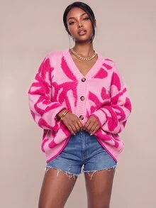 Avantive Casual Y2k Sexy Colorblock Pattern Raglan Cardigan, Suitable For Autumn/Winter, Holidays, New Year, Valentine's Day, Knitted Sweater Hot Pink Date - Pink - View 8