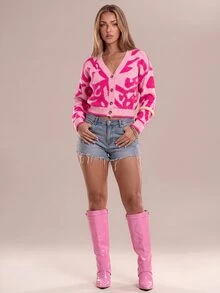 Avantive Casual Y2k Sexy Colorblock Pattern Raglan Cardigan, Suitable For Autumn/Winter, Holidays, New Year, Valentine's Day, Knitted Sweater Hot Pink Date - Pink - View 6