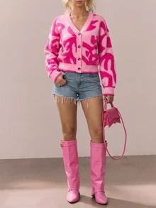 Avantive Casual Y2k Sexy Colorblock Pattern Raglan Cardigan, Suitable For Autumn/Winter, Holidays, New Year, Valentine's Day, Knitted Sweater Hot Pink Date - Pink - View 7