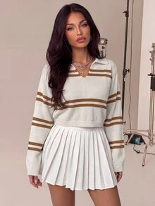 Avantive Women's Casual Commuting Collegiate Striped V-Neck Pullover Sweater, Autumn/Winter - Apricot - View 4