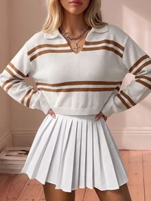 Avantive Women's Casual Commuting Collegiate Striped V-Neck Pullover Sweater, Autumn/Winter - Apricot - View 3