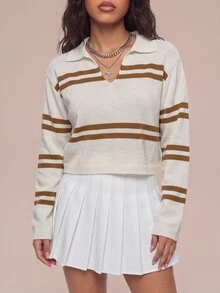 Avantive Women's Casual Commuting Collegiate Striped V-Neck Pullover Sweater, Autumn/Winter - Apricot - View 1