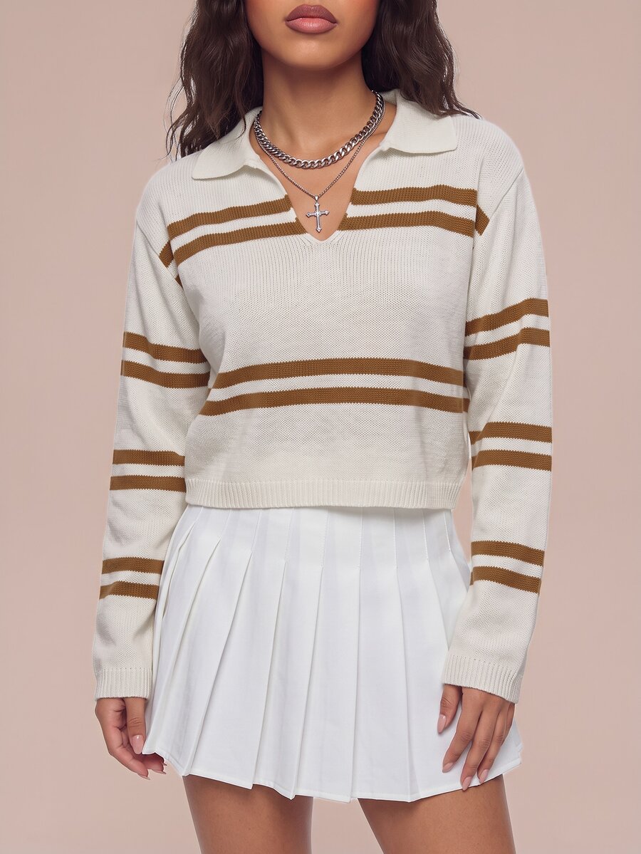 Avantive Women's Casual Commuting Collegiate Striped V-Neck Pullover Sweater, Autumn/Winter - Apricot - View 1
