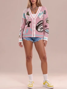 Avantive New Early Autumn Casual Street Retro College Style Daily Dating V-Neck Drop Shoulder Long Sleeve Loose Full Blue Bottom Rugby Digital Slogan Logo Pattern Women's Cardigan,Cozy Fall And Winter - Pink - View 3